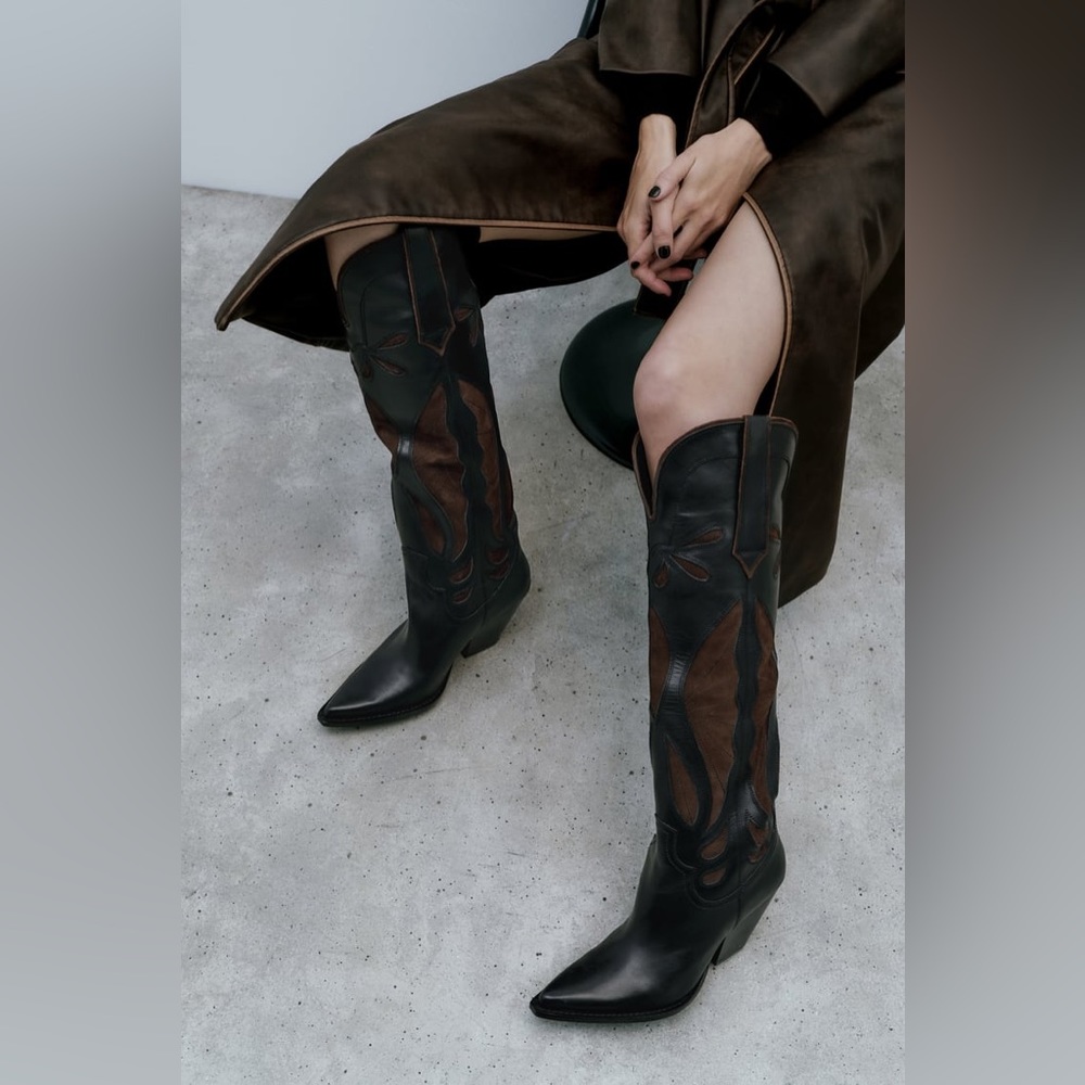 ZARA KNEE HIGH MIXED LEATHER & SUEDE COWBOY BOOTS